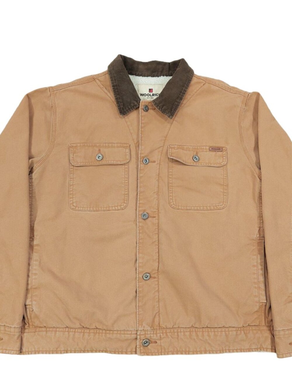 Woolrich Chore Jacket Mens XL, Brown Canvas, Sherpa Lined, Corduroy Collar, Barn